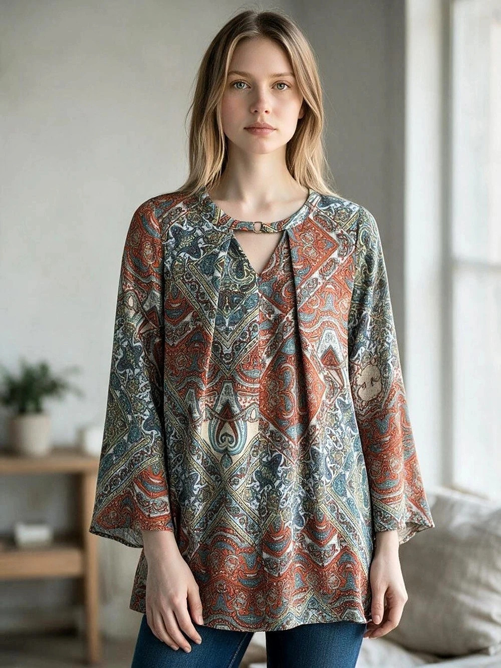 Umgee Paisley Keyhole Tunic Top Blue & Orange Small PTP 24”